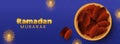 Islamic Festival Ramadan Mubarak Header or Banner Design with Top View of A Bowl Filled Delicious Dates on Mandala Pattern Blue