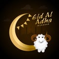 Islamic Festival of Sacrifice, Eid-Al-Adha Mubarak Celebration Poster Design with Golden Crescent Moon and Cartoon Sheep Royalty Free Stock Photo