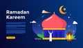 Islamic flat design illustration for happy eid fitr or adha mubarak and ramadan kareem with people character concept for web