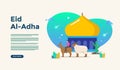 Islamic flat design illustration for happy eid fitr or adha mubarak and ramadan kareem with people character concept for web