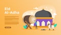 Islamic flat design illustration for happy eid fitr or adha mubarak and ramadan kareem with people character concept for web