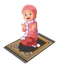 The islamic girl with the scarf is praying on the rug