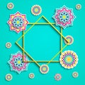 Islamic greeting card. Arabic holidays design. Vector illustration. Round decorative elements, flowers, floral elements