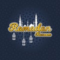 Golden Ramadan Kareem in Cartoon 3D Word with Silhouette of Prophet Muhammad`s Mosque and Lantern