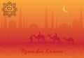 Islamic greeting card with mosque and arabic pattern for Ramadan Kareem.