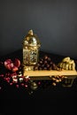 Islamic greeting Eid Mubarak cards for Muslim Holidays, fruits dates, pomegranate, nuts, figs Royalty Free Stock Photo