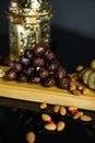 Islamic greeting Eid Mubarak cards for Muslim Holidays, fruits dates, pomegranate, nuts, figs Royalty Free Stock Photo