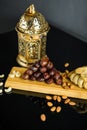 Islamic greeting Eid Mubarak cards for Muslim Holidays, fruits dates, pomegranate, nuts, figs Royalty Free Stock Photo