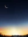 Islamic greeting Ramadan Kareem card design background with Crescent moon on colourful sunset sky background,Vector religions