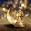 Islamic greetings ramadan kareem design background with golden crescent moon and lanterns