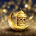 Islamic greetings ramadan kareem design background with golden crescent moon and lanterns