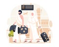 Islamic Hajj Pilgrimage. A Muslim Couple of pilgrims wearing ihram clothes with a suitcase just arrived at the airport in Mecca