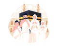 Islamic Hajj Pilgrimage. A Muslim family wears ihram clothes performing Hajj or Umrah Pilgrimage with Kaaba Background