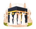 Islamic Hajj Pilgrimage. Muslim People do Tawaf or walking around Kaaba in Mecca. Vector illustration