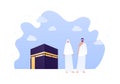 Islamic hajj piligrimage concept. Vector flat person illustration. Couple of male and female in pilgrim cloth and Kaaba holy site