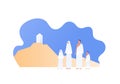 Islamic hajj piligrimage concept. Vector flat person illustration. Man and woman with kids in pilgrim cloth near Arafat mountain.