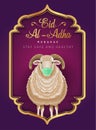 Islamic Holiday Eid Al Adha Mubarak With Sheep wearing medicalmask. Design For Islam Festival Kurban Bayram Card or Poster. corona