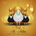 Islamic Holiday Eid Al Adha Mubarak With Sheep wearing medicalmask. Design For Islam Festival Kurban Bayram Card or Poster. corona
