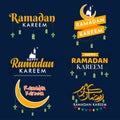 Islamic holy month of Ramadan Kareem Badges, emblems set on blue background. Arabic calligraphy translation in english