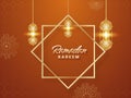 Islamic holy month of Ramdan Kareem Poster Design with Hanging Golden Illuminate Lanterns, Rub El Hizb Star with on Bronze Floral