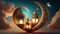 islamic illustration of a crescent moon and realistic clouds with traditional lanterns and hearts. Generative ai