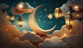 islamic illustration of a crescent moon and realistic clouds with traditional lanterns and hearts. Generative ai