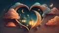 islamic illustration of a crescent moon and realistic clouds with traditional lanterns and hearts. Generative ai