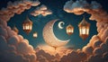 islamic illustration of a crescent moon and realistic clouds with traditional lanterns and hearts. Generative ai