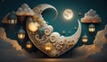 islamic illustration of a crescent moon and realistic clouds with traditional lanterns and hearts. Generative ai