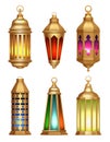Islamic lamps. Ramadan lanterns arabic vintage golden lighting lamps vector realistic pictures
