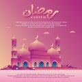 Islamic Landscape illustration of Ramadan Mubarak, Cute and trendy mosque on the hill with purple and pink color theme