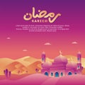 Islamic Landscape illustration of Ramadan Mubarak, Cute and trendy mosque on the hill with purple and pink color theme