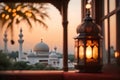 islamic lantern with a blurred mosque in the background for al fitr eidal fitr background of window with mosque