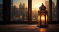 Islamic lantern with burning candle and night sky in front of a window Royalty Free Stock Photo