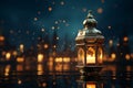 Islamic lantern on table by window, portraying serene moonlit mosque