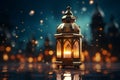 Islamic lantern on table by window, portraying serene moonlit mosque