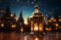 Islamic lantern on table by window, portraying serene moonlit mosque