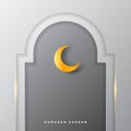 Islamic mosque door for ramadan kareem vector greeting banner background with art paper cut style, shiny moon and Arabic Royalty Free Stock Photo