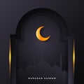 Islamic mosque door for ramadan kareem vector greeting banner background with art paper cut style, shiny moon and mosque scenery. Royalty Free Stock Photo