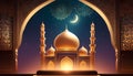 islamic mosque with moon and stars on the night sky with islamic ornaments in golden colour