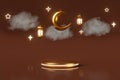 Islamic New Year glowing podium scene Lunar Hijri year holiday Mosque Lantern 3d render. Muharram month Eid al Adha sale