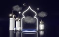 Islamic New Year glowing podium scene Lunar Hijri year holiday Mosque Lantern 3d render. Muharram month Eid al Adha sale