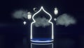 Islamic New Year glowing podium scene Lunar Hijri year holiday Mosque Lantern 3d render. Muharram month Eid al Adha sale