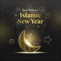 Islamic New Year, Happy Muharram banner black background with gold moon and star illustration gradient Premium Vector Royalty Free Stock Photo