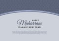 Islamic new year, happy muharram festival greeting card background. With blue islamic ornaments and black lettering on calm color Royalty Free Stock Photo