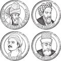 Islamic philosopher stamp set in line art portraits