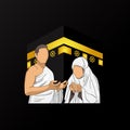 Islamic pilgrimage hajj and umrah with illustration praying man and women
