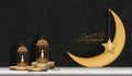 Islamic Podium with yellow gold crescent moon, traditional islamic lantern, candles and Eid Mubarak Calligraphy, Horizontal