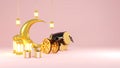 Islamic product display mock up. Podium, crescent moon, lantern, gift box. Ramadan, Islamic New Year. 3D rendering