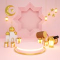 Islamic product display mock up. Podium, crescent moon, lantern, gift box. Ramadan, Islamic New Year. 3D rendering